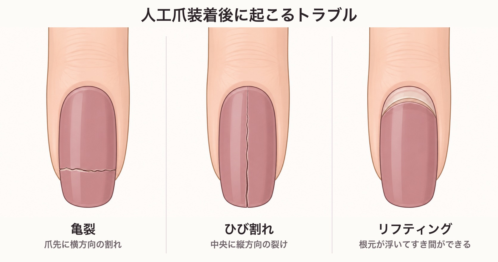 人工爪装着後に起こるトラブル。爪先に横方向の亀裂、中央に縦方向のひび割れ、根元が浮いてすき間ができるリフティング