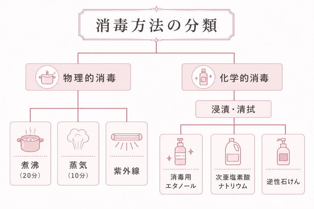 消毒方法の分類図。物理的消毒(煮沸20分・蒸気10分・紫外線)と化学的消毒(浸漬・清拭、消毒用エタノール・次亜塩素酸ナトリウム・逆性石けん)