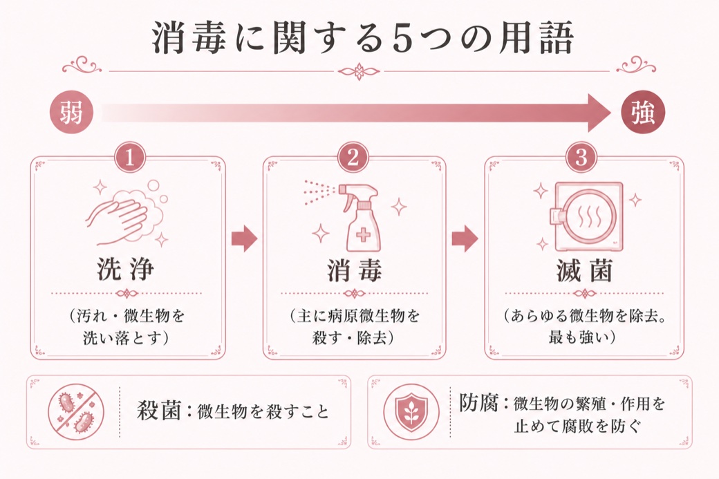 消毒に関する5つの用語の関係図：弱から強へ 洗浄(汚れ・微生物を洗い落とす)→消毒(主に病原微生物を殺す・除去)→滅菌(あらゆる微生物を除去・最も強い)。殺菌=微生物を殺すこと、防腐=繁殖や作用を止めて腐敗を防ぐ