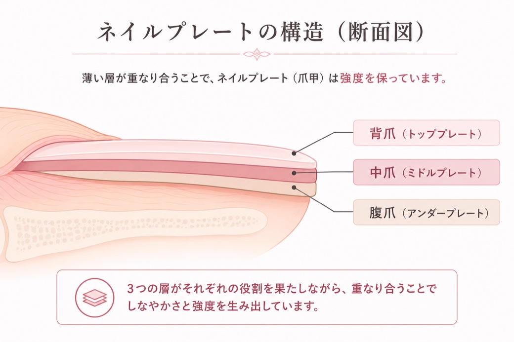 爪(ネイルプレート)の断面図。上から背爪(トッププレート)・中爪(ミドルプレート)・腹爪(アンダープレート)の3層