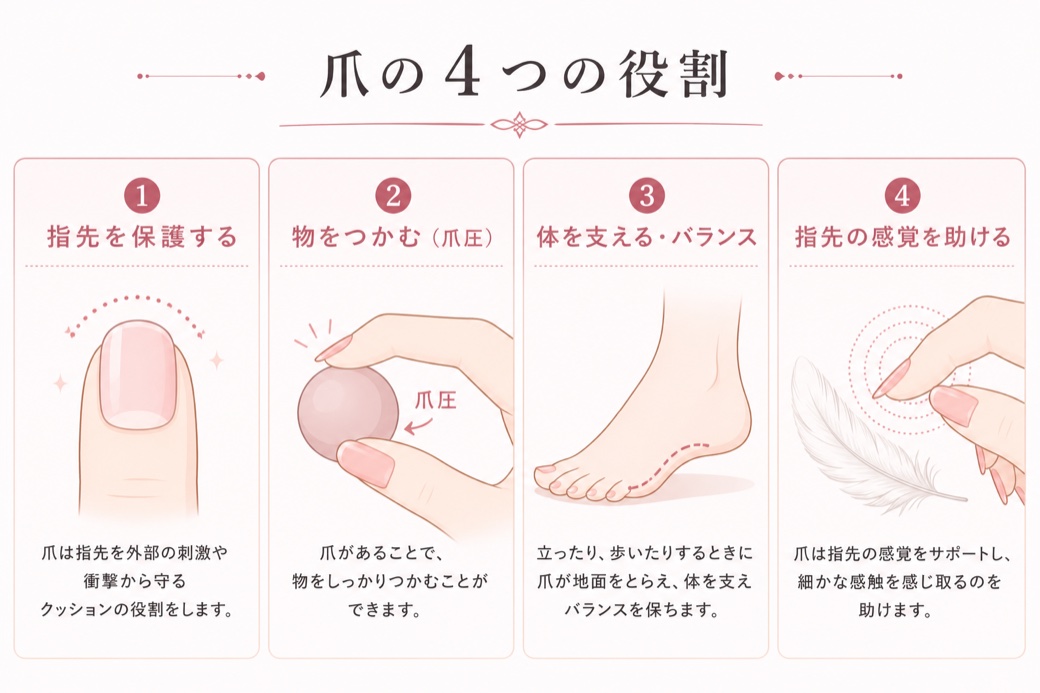 爪の4つの役割：指先の保護・物をつかむ(爪圧)・体を支える/バランス・指先の感覚を助ける