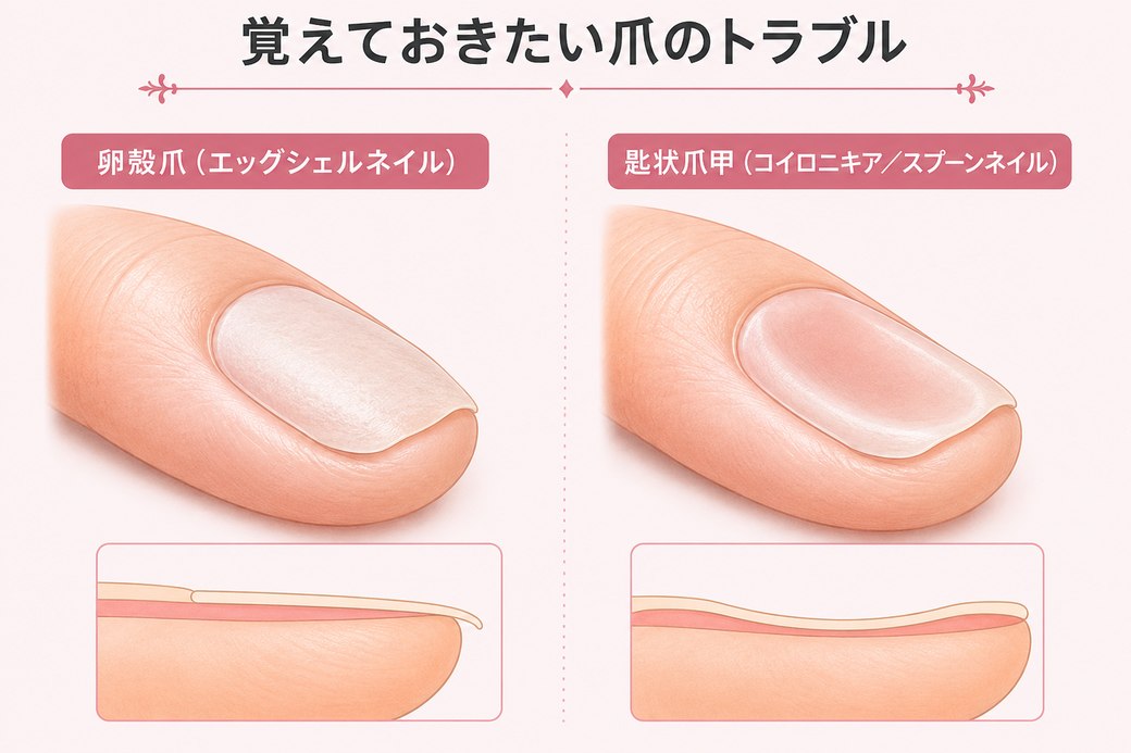 卵殻爪(エッグシェルネイル)と匙状爪甲(コイロニキア/スプーンネイル)の爪の断面イラスト