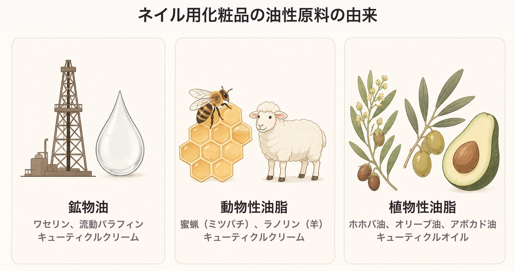 ネイル用化粧品の油性原料の由来。鉱物油はワセリンや流動パラフィンでキューティクルクリームに配合、動物性油脂は蜜蝋（ミツバチ）とラノリン（羊）でキューティクルクリームに配合、植物性油脂はホホバ油やオリーブ油やアボカド油でキューティクルオイルに配合