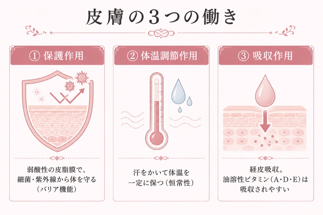 皮膚の3つの働き：保護作用(弱酸性の皮脂膜でバリア機能)、体温調節作用(汗で体温を一定に保つ恒常性)、吸収作用(経皮吸収・油溶性ビタミンADEは吸収されやすい)